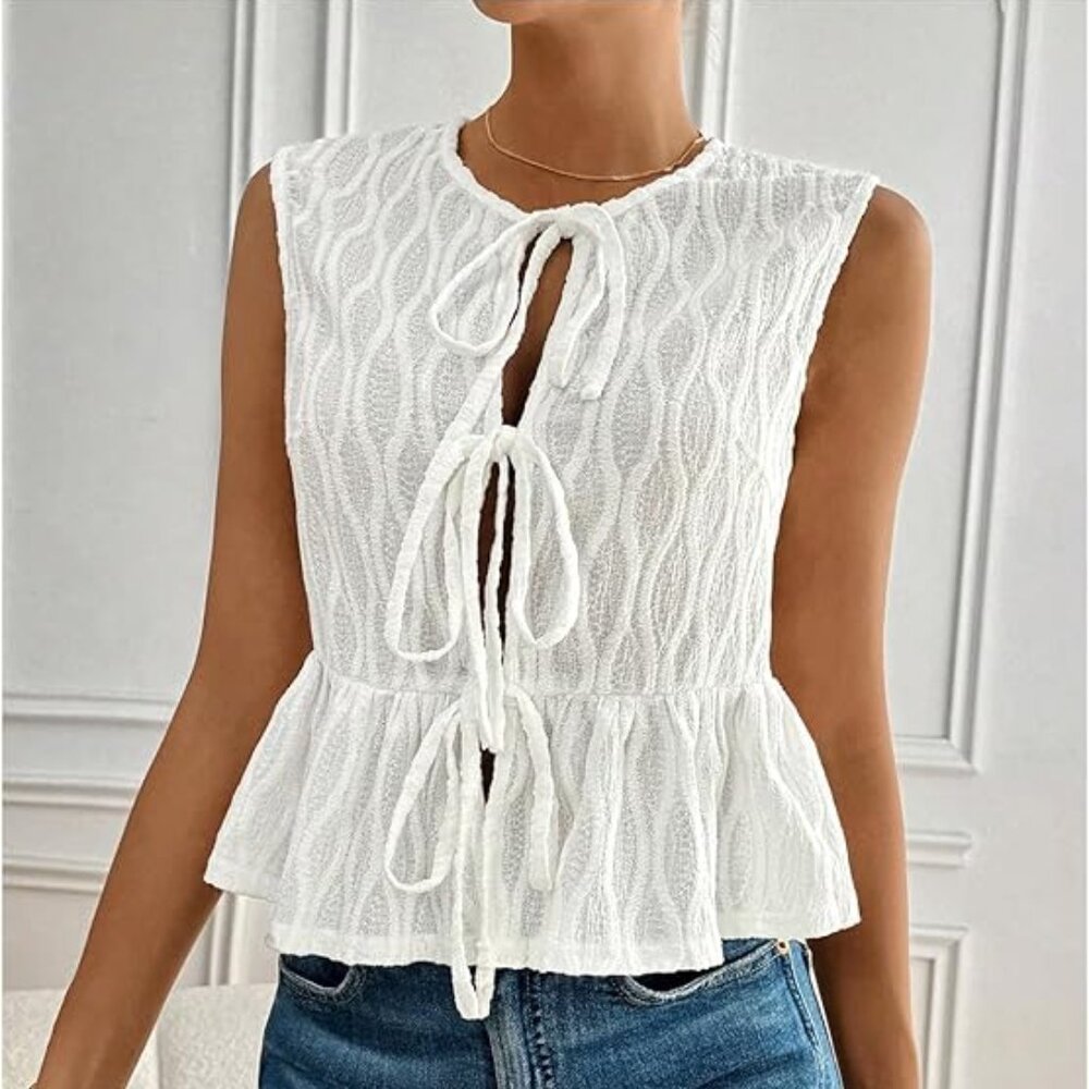 NWT Chic White Tie Front Open Babydoll Vest/ Blouse w/ Ruffle Hem Small